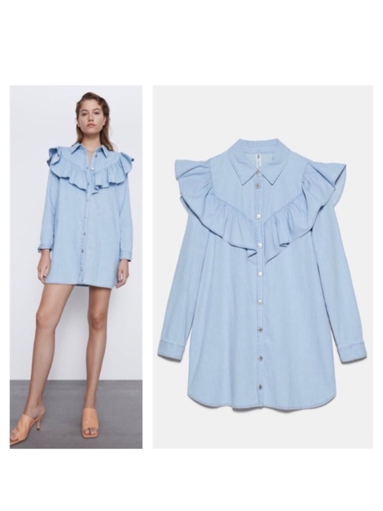 Zara Dresses & Skirts - Zara Denim Button-Down Ruffle Mini Shirt Dress (Box H)